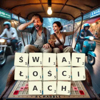 Kreatywna ilustracja do gry w Scrabble ze słowem ŚWIATŁOŚCIACH ułożonym z płytek na planszy.