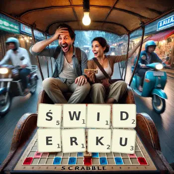 Kreatywna ilustracja do gry w Scrabble ze słowem ŚWIDERKU ułożonym z płytek na planszy.