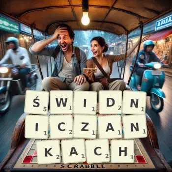 Kreatywna ilustracja do gry w Scrabble ze słowem ŚWIDNICZANKACH ułożonym z płytek na planszy.