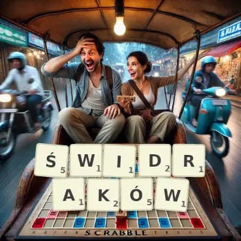 Kreatywna ilustracja do gry w Scrabble ze słowem ŚWIDRAKÓW ułożonym z płytek na planszy.