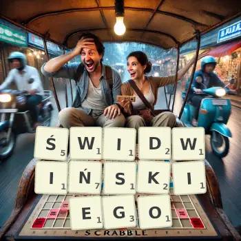 Kreatywna ilustracja do gry w Scrabble ze słowem ŚWIDWIŃSKIEGO ułożonym z płytek na planszy.