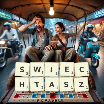 Kreatywna ilustracja do gry w Scrabble ze słowem ŚWIECHTASZ ułożonym z płytek na planszy.