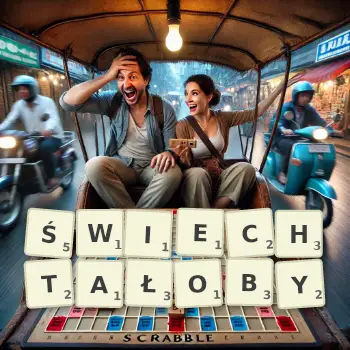 Kreatywna ilustracja do gry w Scrabble ze słowem ŚWIECHTAŁOBY ułożonym z płytek na planszy.