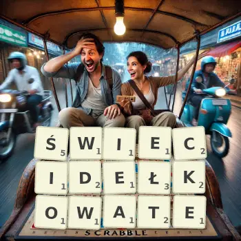 Kreatywna ilustracja do gry w Scrabble ze słowem ŚWIECIDEŁKOWATE ułożonym z płytek na planszy.