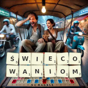 Kreatywna ilustracja do gry w Scrabble ze słowem ŚWIECOWANIOM ułożonym z płytek na planszy.