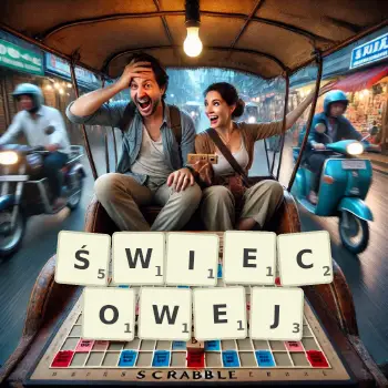 Kreatywna ilustracja do gry w Scrabble ze słowem ŚWIECOWEJ ułożonym z płytek na planszy.