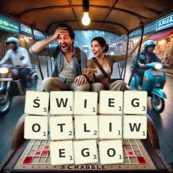 Kreatywna ilustracja do gry w Scrabble ze słowem ŚWIEGOTLIWEGO ułożonym z płytek na planszy.