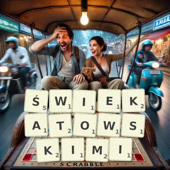 Kreatywna ilustracja do gry w Scrabble ze słowem ŚWIEKATOWSKIMI ułożonym z płytek na planszy.