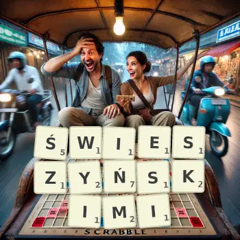 Kreatywna ilustracja do gry w Scrabble ze słowem ŚWIESZYŃSKIMI ułożonym z płytek na planszy.