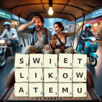 Kreatywna ilustracja do gry w Scrabble ze słowem ŚWIETLIKOWATEMU ułożonym z płytek na planszy.