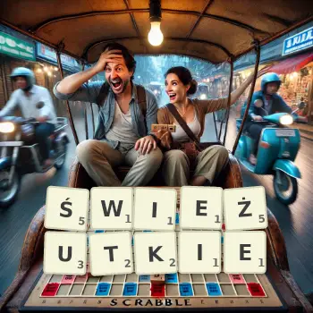 Kreatywna ilustracja do gry w Scrabble ze słowem ŚWIEŻUTKIE ułożonym z płytek na planszy.
