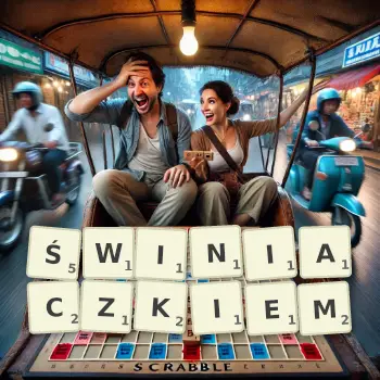 Kreatywna ilustracja do gry w Scrabble ze słowem ŚWINIACZKIEM ułożonym z płytek na planszy.