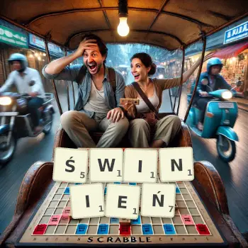 Kreatywna ilustracja do gry w Scrabble ze słowem ŚWINIEŃ ułożonym z płytek na planszy.