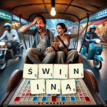 Kreatywna ilustracja do gry w Scrabble ze słowem ŚWININĄ ułożonym z płytek na planszy.