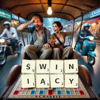 Kreatywna ilustracja do gry w Scrabble ze słowem ŚWINIĄCY ułożonym z płytek na planszy.