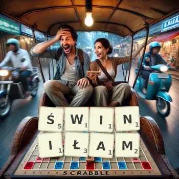 Kreatywna ilustracja do gry w Scrabble ze słowem ŚWINIŁAM ułożonym z płytek na planszy.