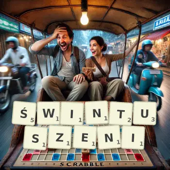 Kreatywna ilustracja do gry w Scrabble ze słowem ŚWINTUSZENI ułożonym z płytek na planszy.
