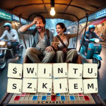 Kreatywna ilustracja do gry w Scrabble ze słowem ŚWINTUSZKIEM ułożonym z płytek na planszy.