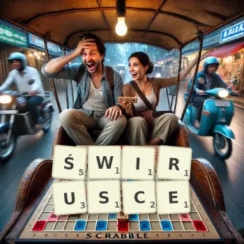 Kreatywna ilustracja do gry w Scrabble ze słowem ŚWIRUSCE ułożonym z płytek na planszy.