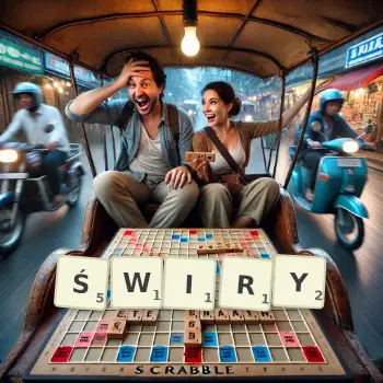 Kreatywna ilustracja do gry w Scrabble ze słowem ŚWIRY ułożonym z płytek na planszy.