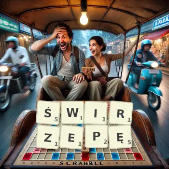 Kreatywna ilustracja do gry w Scrabble ze słowem ŚWIRZEPĘ ułożonym z płytek na planszy.