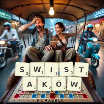 Kreatywna ilustracja do gry w Scrabble ze słowem ŚWISTAKÓW ułożonym z płytek na planszy.