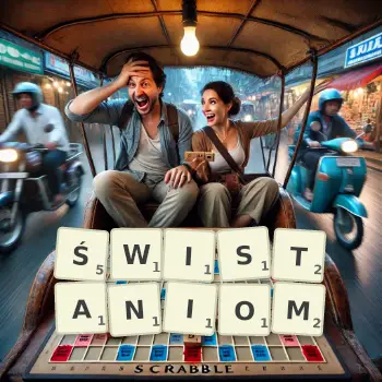 Kreatywna ilustracja do gry w Scrabble ze słowem ŚWISTANIOM ułożonym z płytek na planszy.