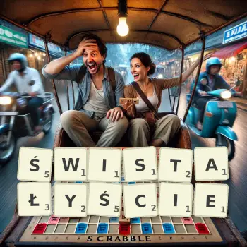 Kreatywna ilustracja do gry w Scrabble ze słowem ŚWISTAŁYŚCIE ułożonym z płytek na planszy.