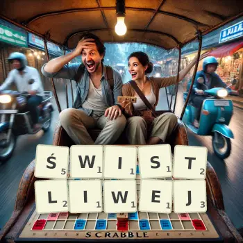 Kreatywna ilustracja do gry w Scrabble ze słowem ŚWISTLIWEJ ułożonym z płytek na planszy.