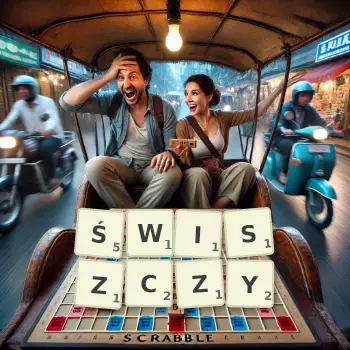 Kreatywna ilustracja do gry w Scrabble ze słowem ŚWISZCZY ułożonym z płytek na planszy.