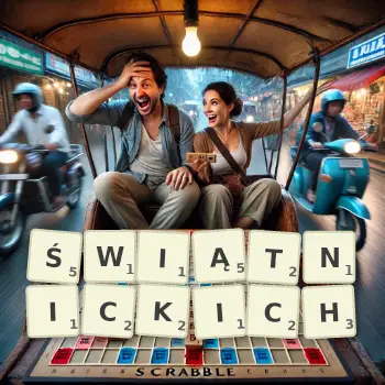 Kreatywna ilustracja do gry w Scrabble ze słowem ŚWIĄTNICKICH ułożonym z płytek na planszy.