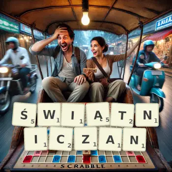 Kreatywna ilustracja do gry w Scrabble ze słowem ŚWIĄTNICZAN ułożonym z płytek na planszy.