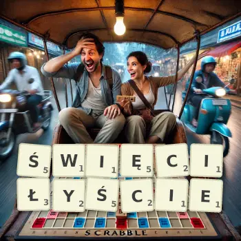 Kreatywna ilustracja do gry w Scrabble ze słowem ŚWIĘCIŁYŚCIE ułożonym z płytek na planszy.