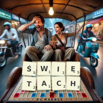 Kreatywna ilustracja do gry w Scrabble ze słowem ŚWIĘTACH ułożonym z płytek na planszy.