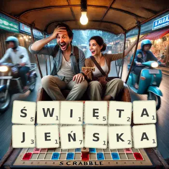 Kreatywna ilustracja do gry w Scrabble ze słowem ŚWIĘTAJEŃSKA ułożonym z płytek na planszy.