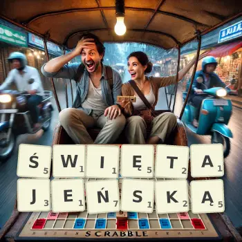 Kreatywna ilustracja do gry w Scrabble ze słowem ŚWIĘTAJEŃSKĄ ułożonym z płytek na planszy.