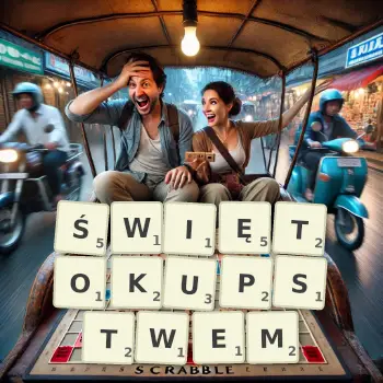 Kreatywna ilustracja do gry w Scrabble ze słowem ŚWIĘTOKUPSTWEM ułożonym z płytek na planszy.