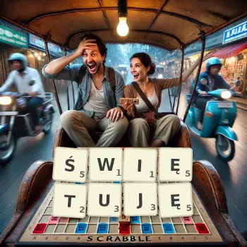 Kreatywna ilustracja do gry w Scrabble ze słowem ŚWIĘTUJĘ ułożonym z płytek na planszy.