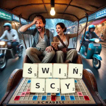 Kreatywna ilustracja do gry w Scrabble ze słowem ŚWIŃSCY ułożonym z płytek na planszy.