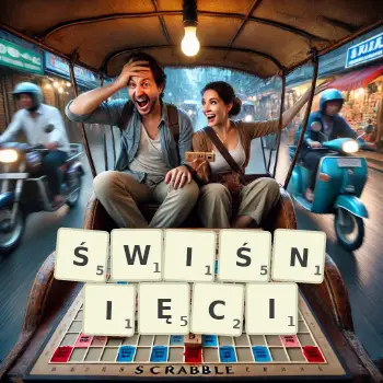 Kreatywna ilustracja do gry w Scrabble ze słowem ŚWIŚNIĘCI ułożonym z płytek na planszy.