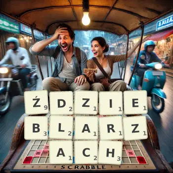Kreatywna ilustracja do gry w Scrabble ze słowem ŹDZIEBLARZACH ułożonym z płytek na planszy.