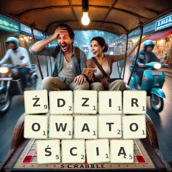 Kreatywna ilustracja do gry w Scrabble ze słowem ŹDZIROWATOŚCIĄ ułożonym z płytek na planszy.