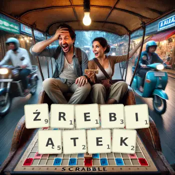 Kreatywna ilustracja do gry w Scrabble ze słowem ŹREBIĄTEK ułożonym z płytek na planszy.