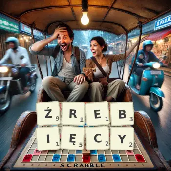 Kreatywna ilustracja do gry w Scrabble ze słowem ŹREBIĘCY ułożonym z płytek na planszy.