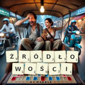Kreatywna ilustracja do gry w Scrabble ze słowem ŹRÓDŁOWOŚCI ułożonym z płytek na planszy.