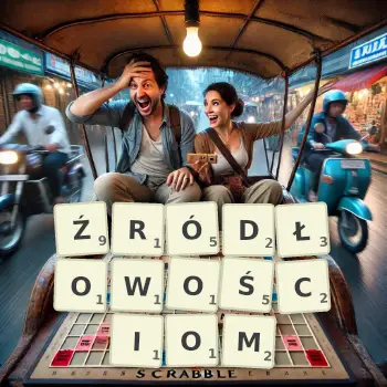 Kreatywna ilustracja do gry w Scrabble ze słowem ŹRÓDŁOWOŚCIOM ułożonym z płytek na planszy.
