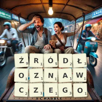 Kreatywna ilustracja do gry w Scrabble ze słowem ŹRÓDŁOZNAWCZEGO ułożonym z płytek na planszy.