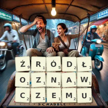 Kreatywna ilustracja do gry w Scrabble ze słowem ŹRÓDŁOZNAWCZEMU ułożonym z płytek na planszy.