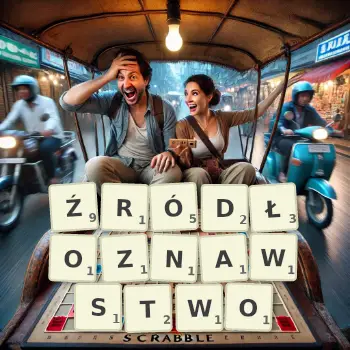 Kreatywna ilustracja do gry w Scrabble ze słowem ŹRÓDŁOZNAWSTWO ułożonym z płytek na planszy.