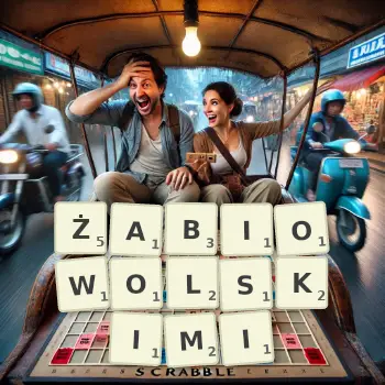 Kreatywna ilustracja do gry w Scrabble ze słowem ŻABIOWOLSKIMI ułożonym z płytek na planszy.